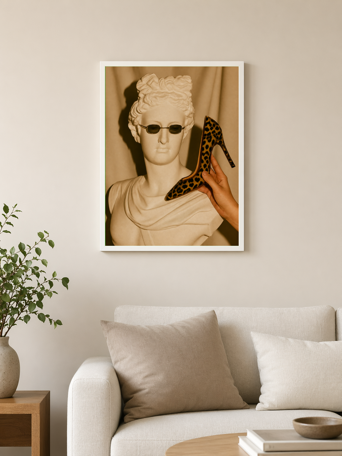 Leopard Heel & Classical Bust Wall Art Print - white framed
