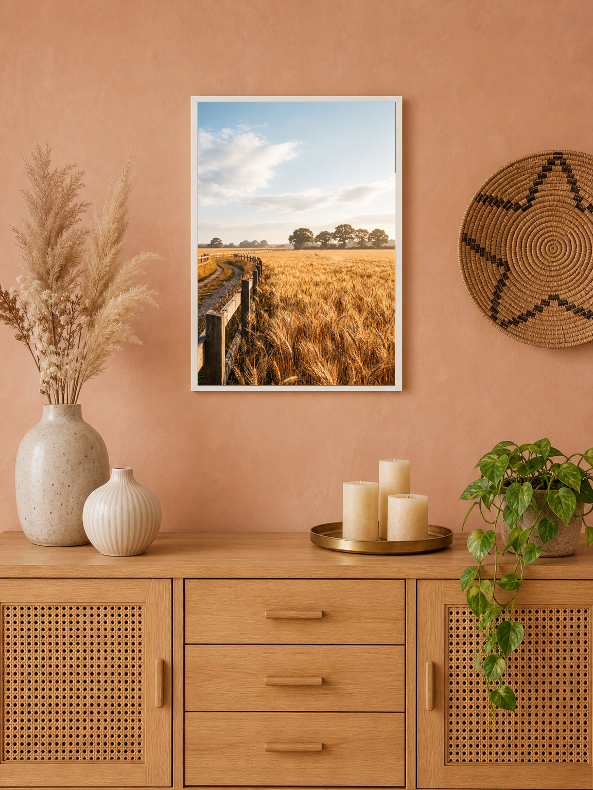 Golden Wheat Field Landscape Wall Art Print - white framed