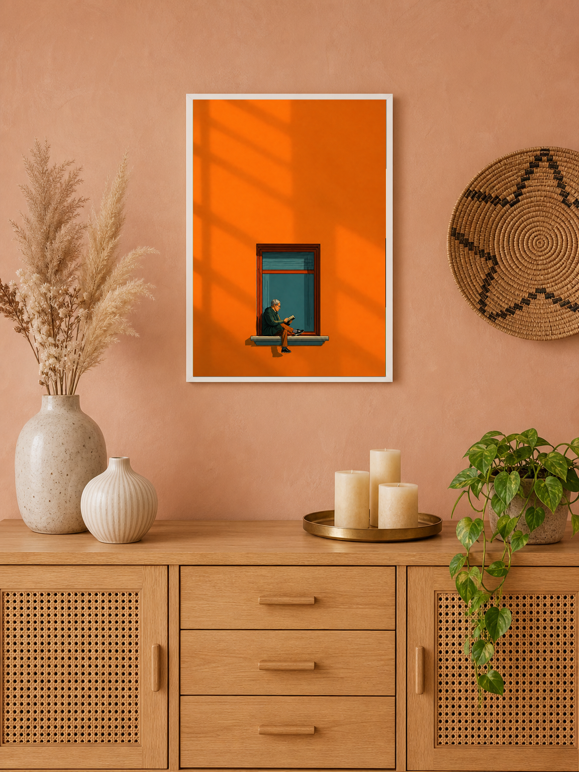 Minimalist Man Reading Window Wall Art Print - white framed