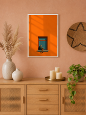 Minimalist Man Reading Window Wall Art Print - white framed