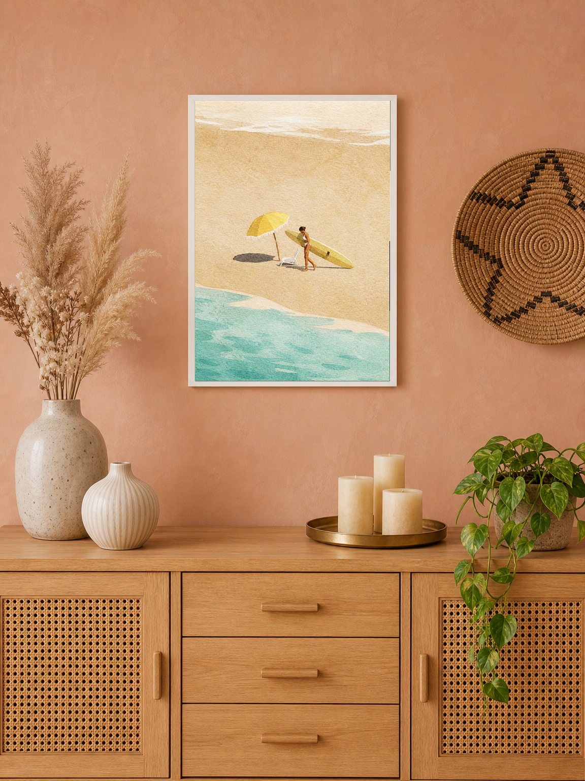 Minimal Surf Beach Wall Art Print - white framed