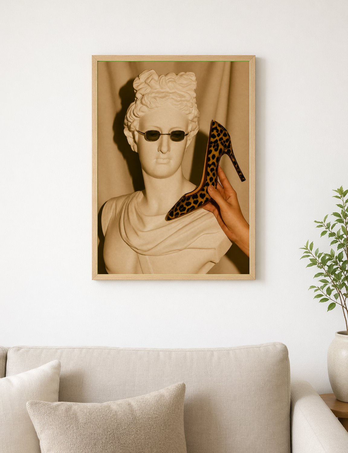 Leopard Heel & Classical Bust Wall Art Print - wood framed poster