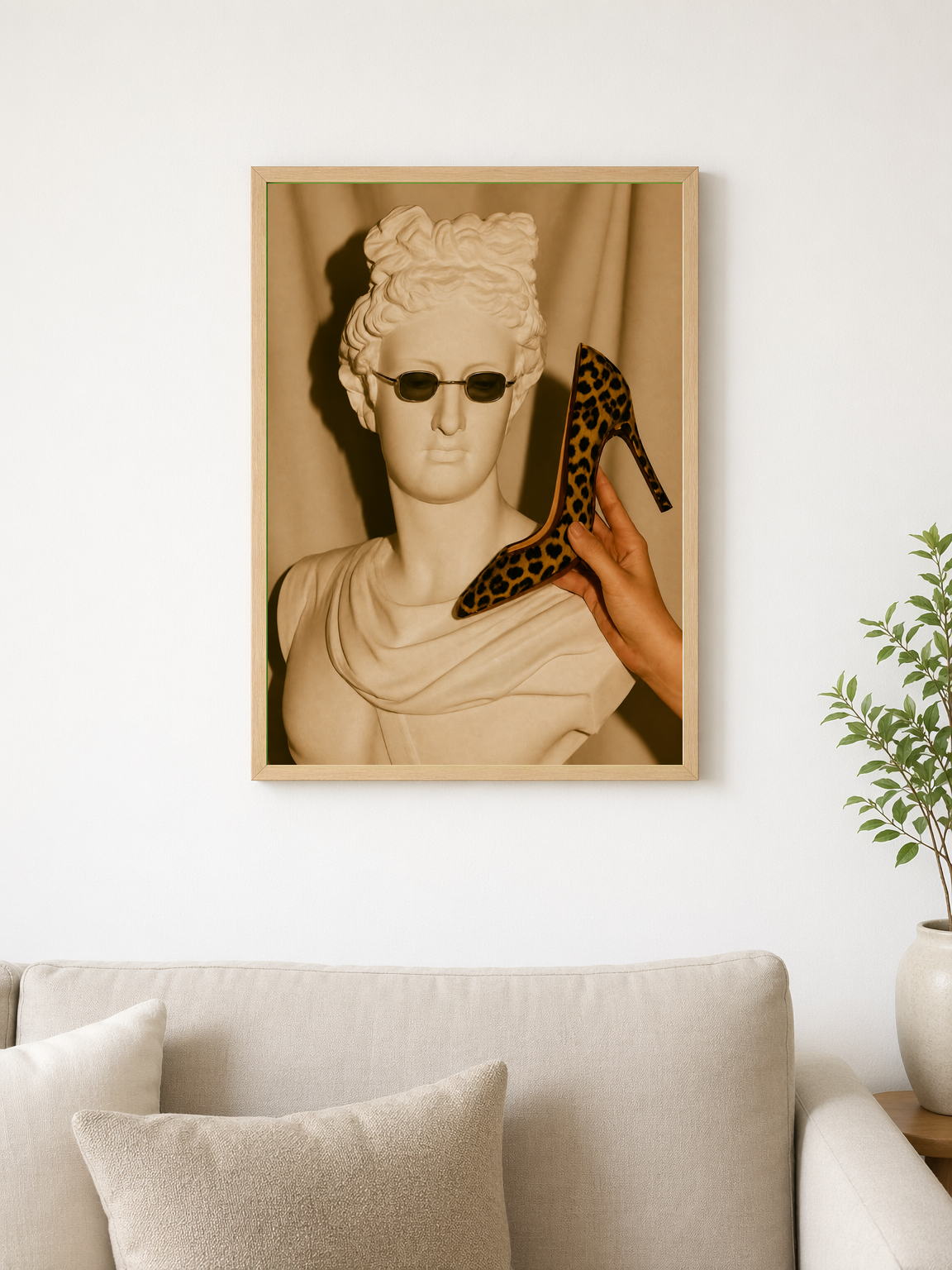 Leopard Heel & Classical Bust Wall Art Print - wood framed poster