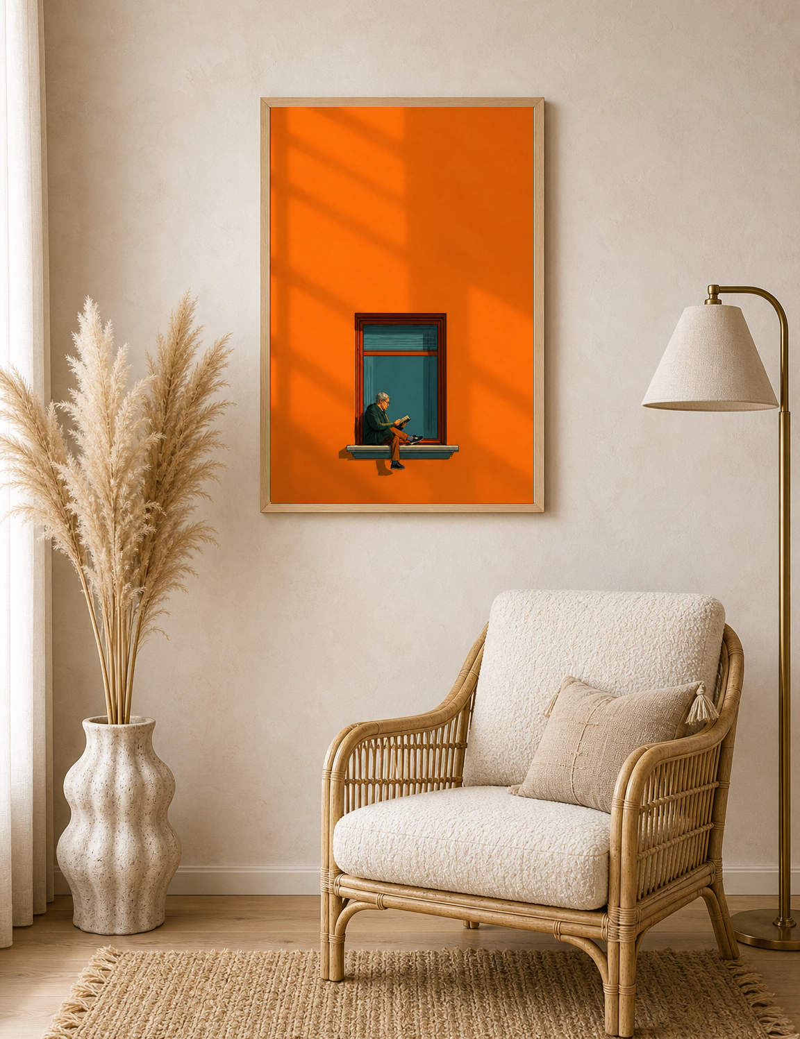 Minimalist Man Reading Window Wall Art Print - wood framed poster