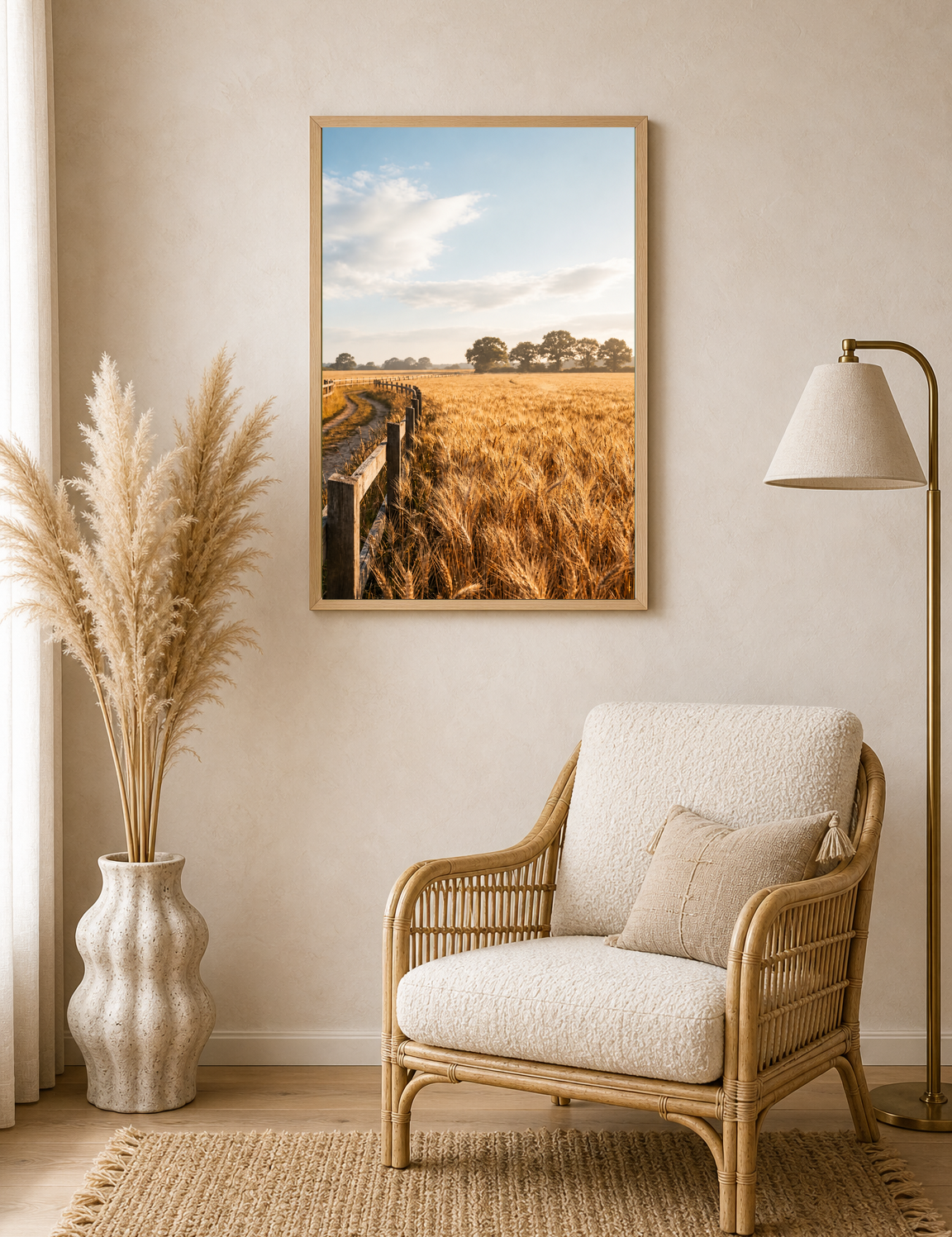 Golden Wheat Field Landscape Wall Art Print - wood framed poster