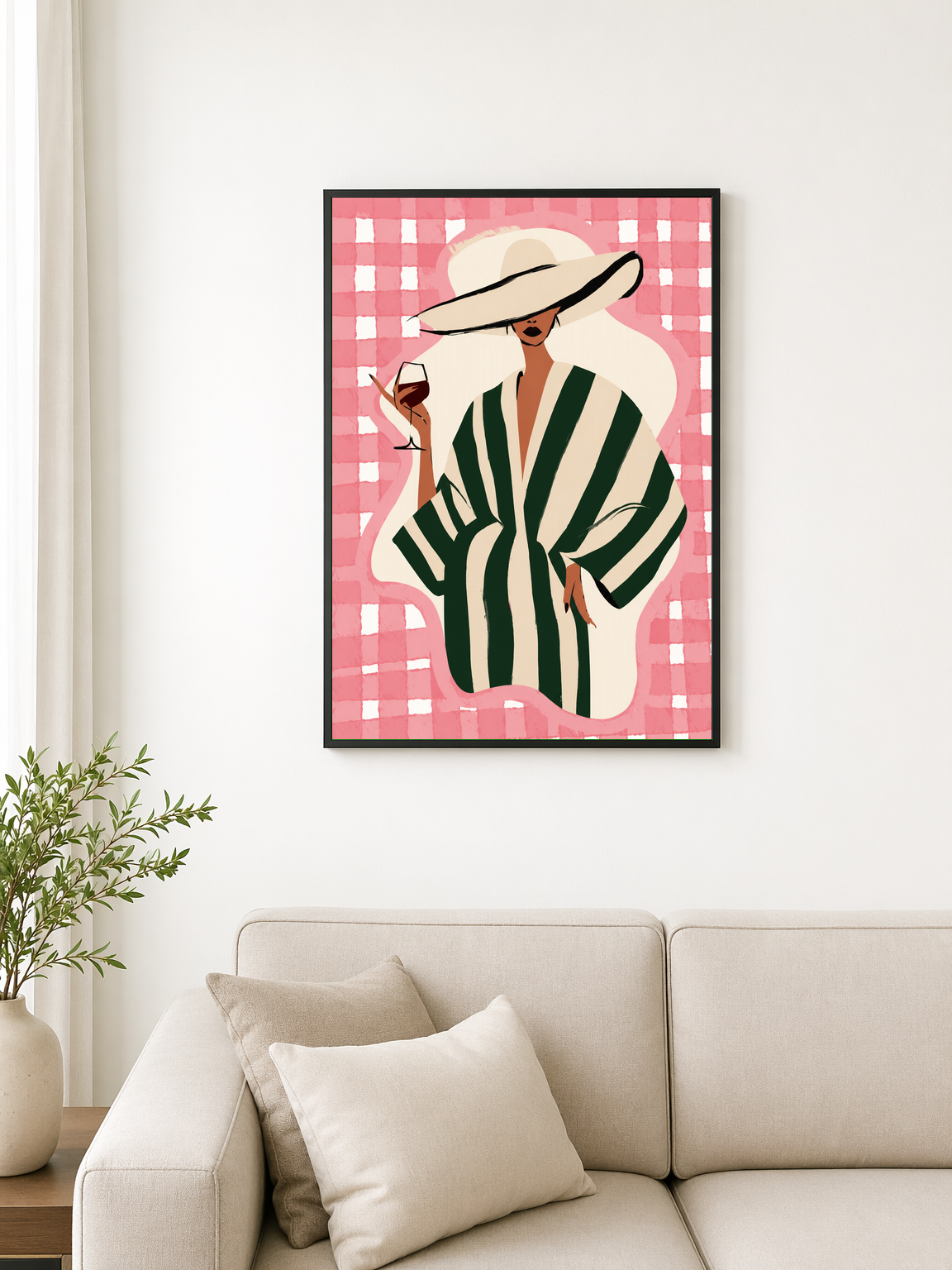 Chic Woman in Stripes Wall Art Print - black framed