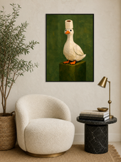 Whimsical Duck With Toilet Paper Hat Wall Art Print - black framed