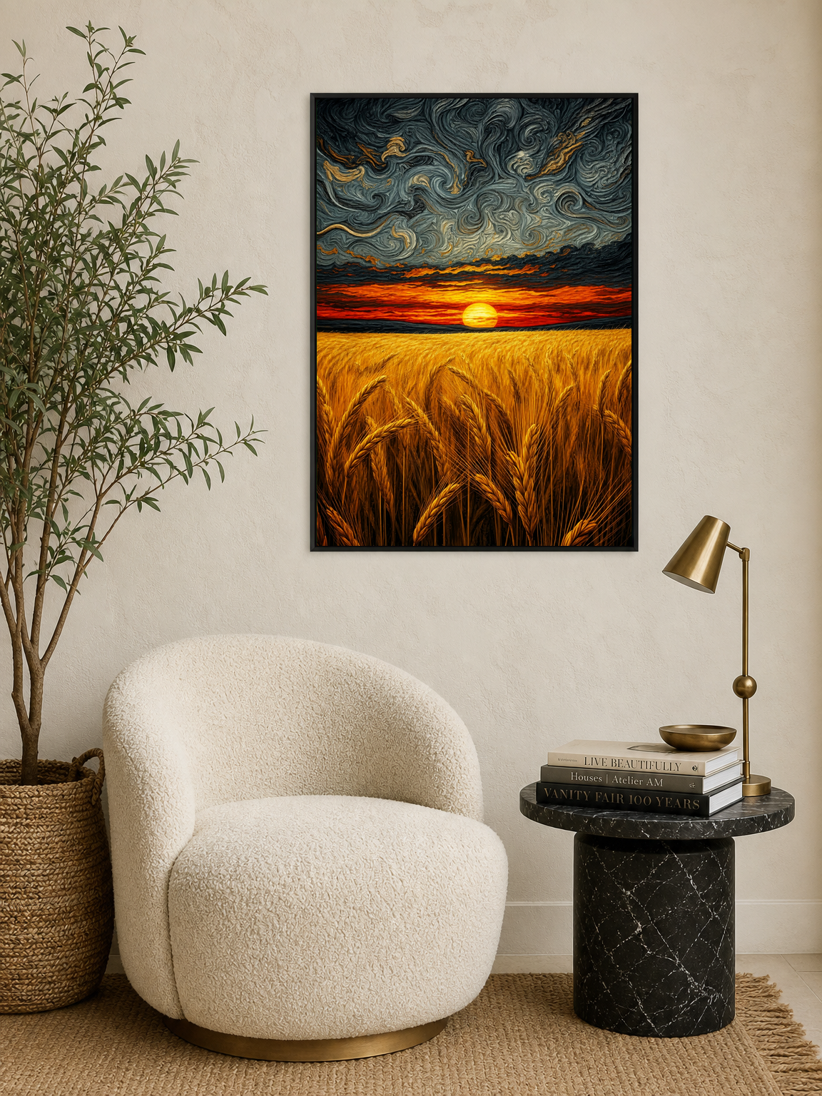 Swirling Sunset Wheat Field Wall Art Print - black framed