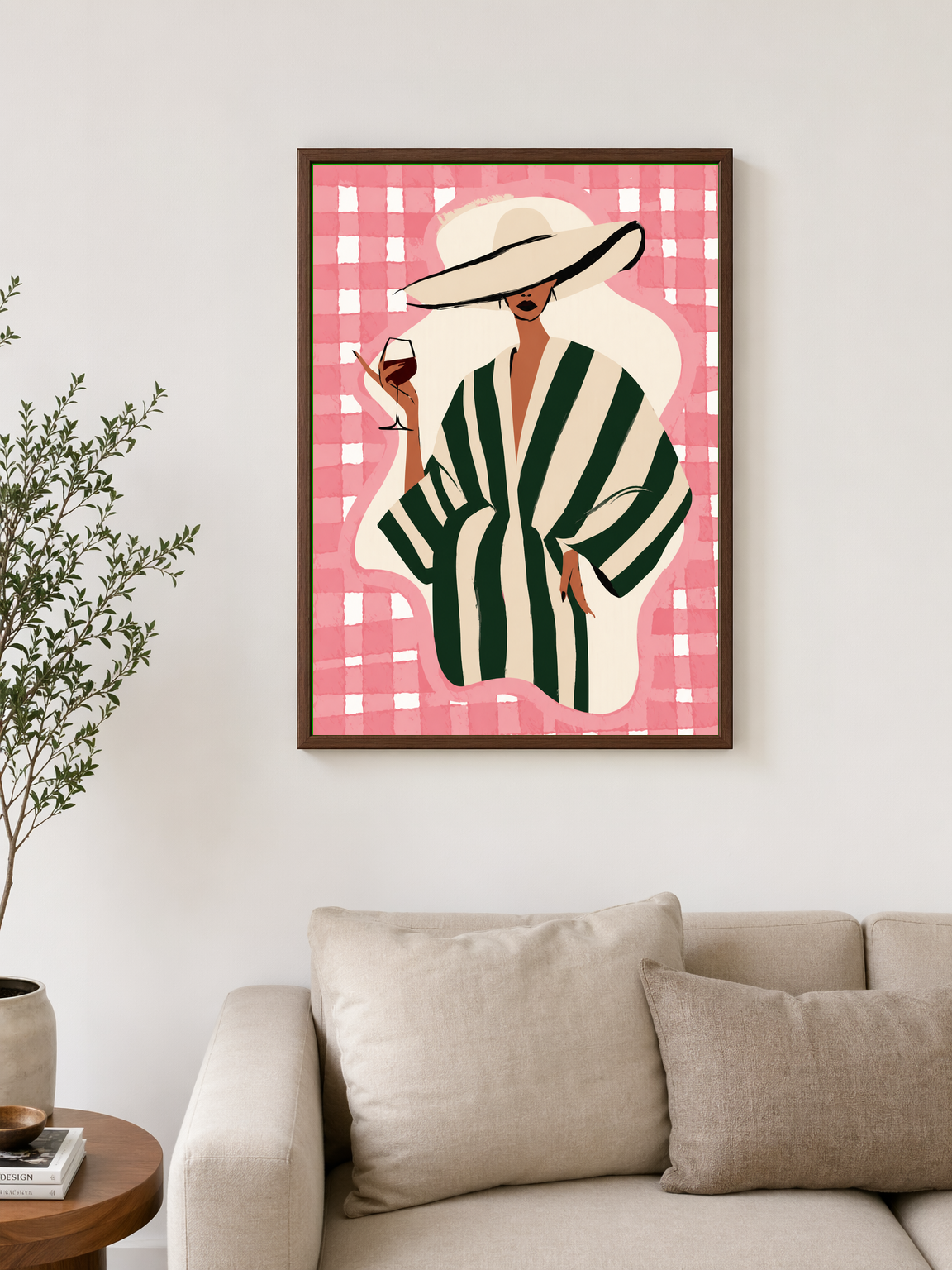 Chic Woman in Stripes Wall Art Print - dark wood framed