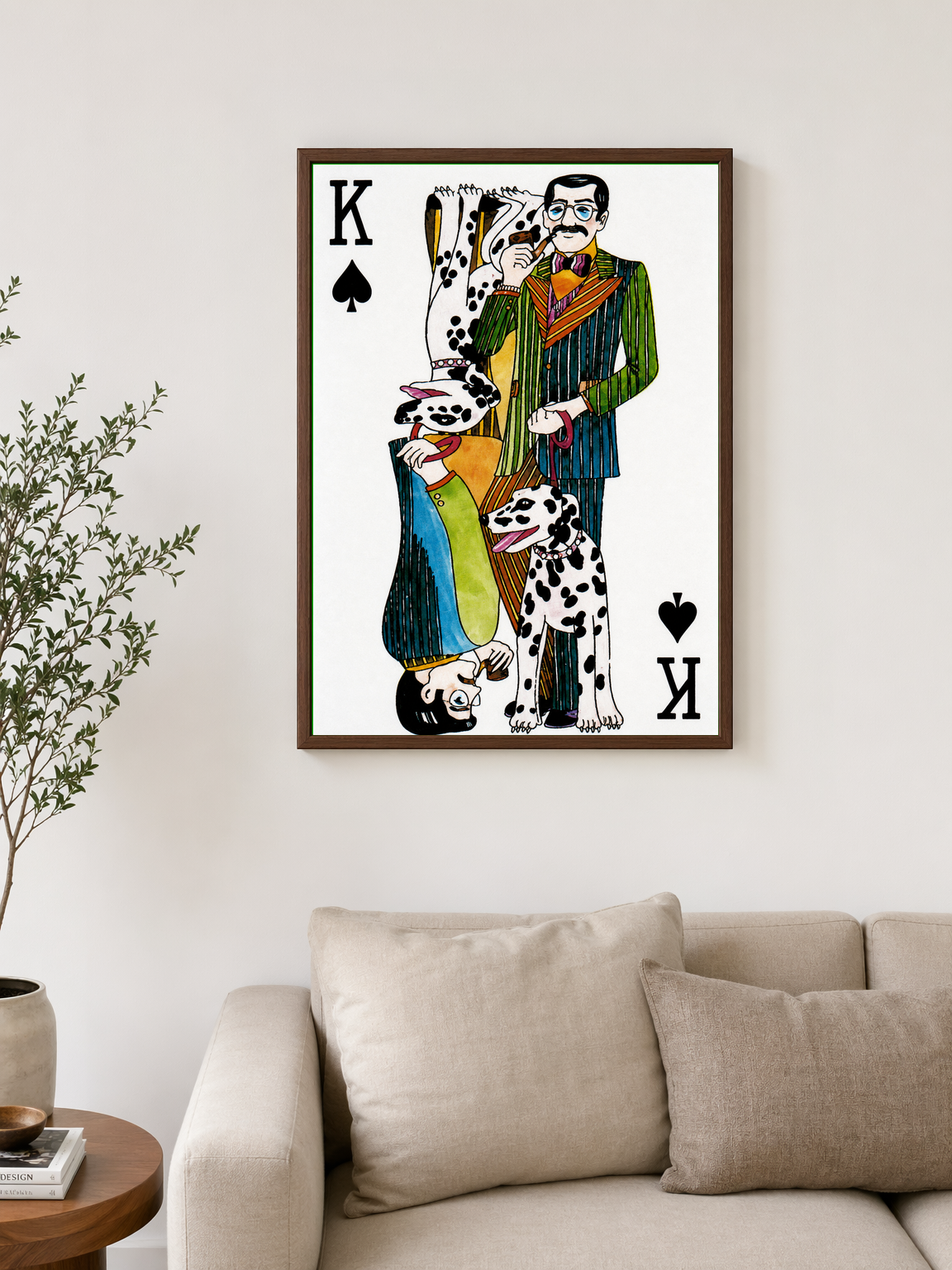 King of Spades Dalmatian Playing Card Wall Art Print - dark wood framed