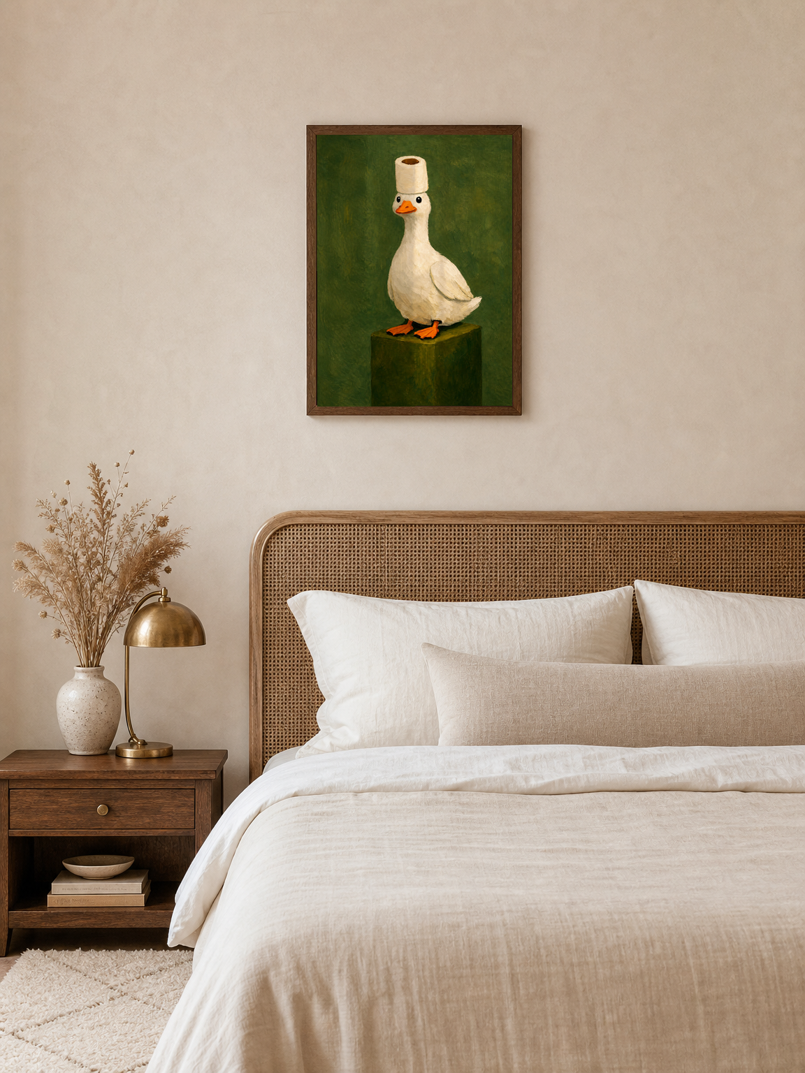 Whimsical Duck With Toilet Paper Hat Wall Art Print - dark wood framed