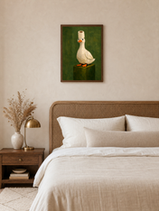 Whimsical Duck With Toilet Paper Hat Wall Art Print - dark wood framed