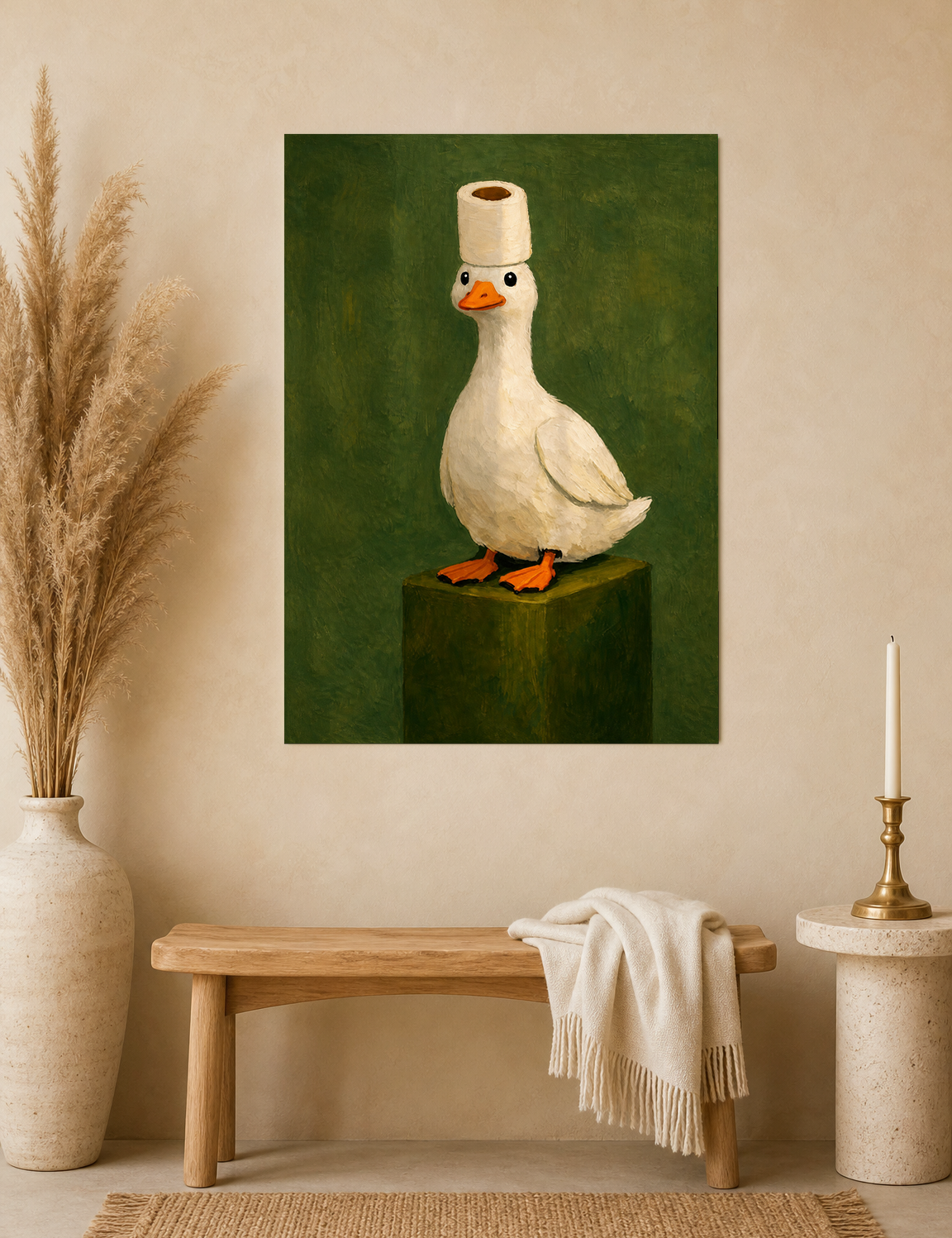 Whimsical Duck With Toilet Paper Hat Wall Art Print - unframed mockup