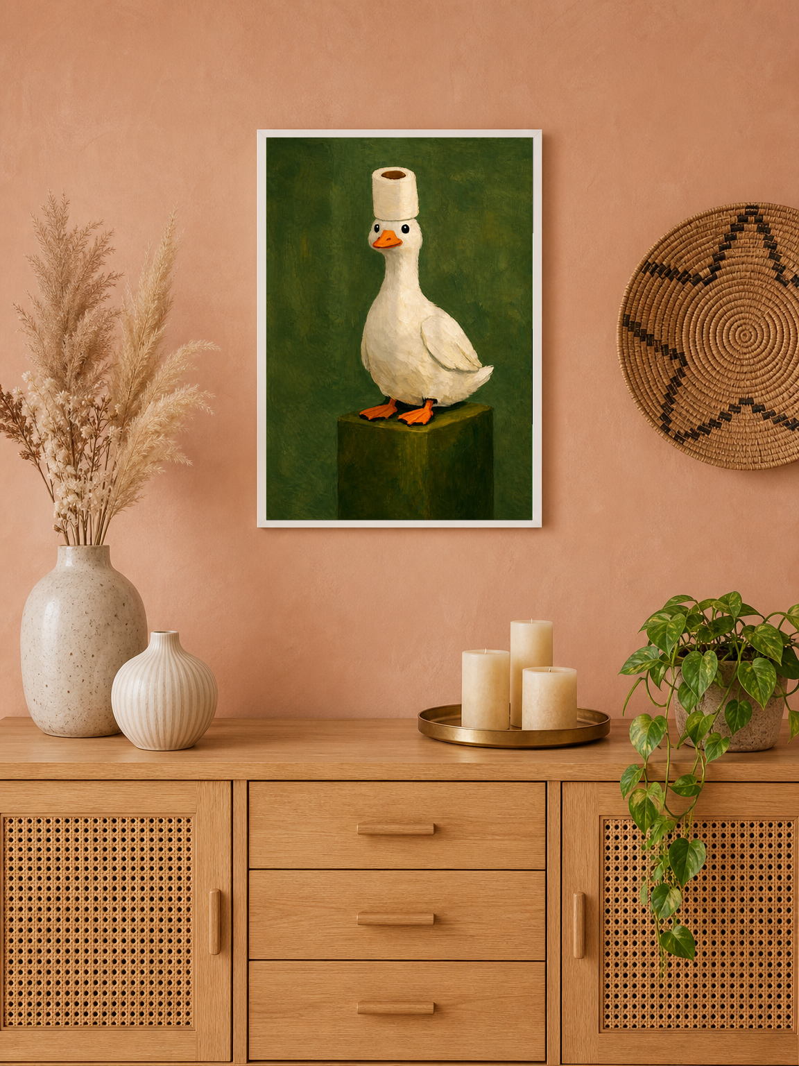 Whimsical Duck With Toilet Paper Hat Wall Art Print - white framed