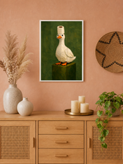 Whimsical Duck With Toilet Paper Hat Wall Art Print - white framed