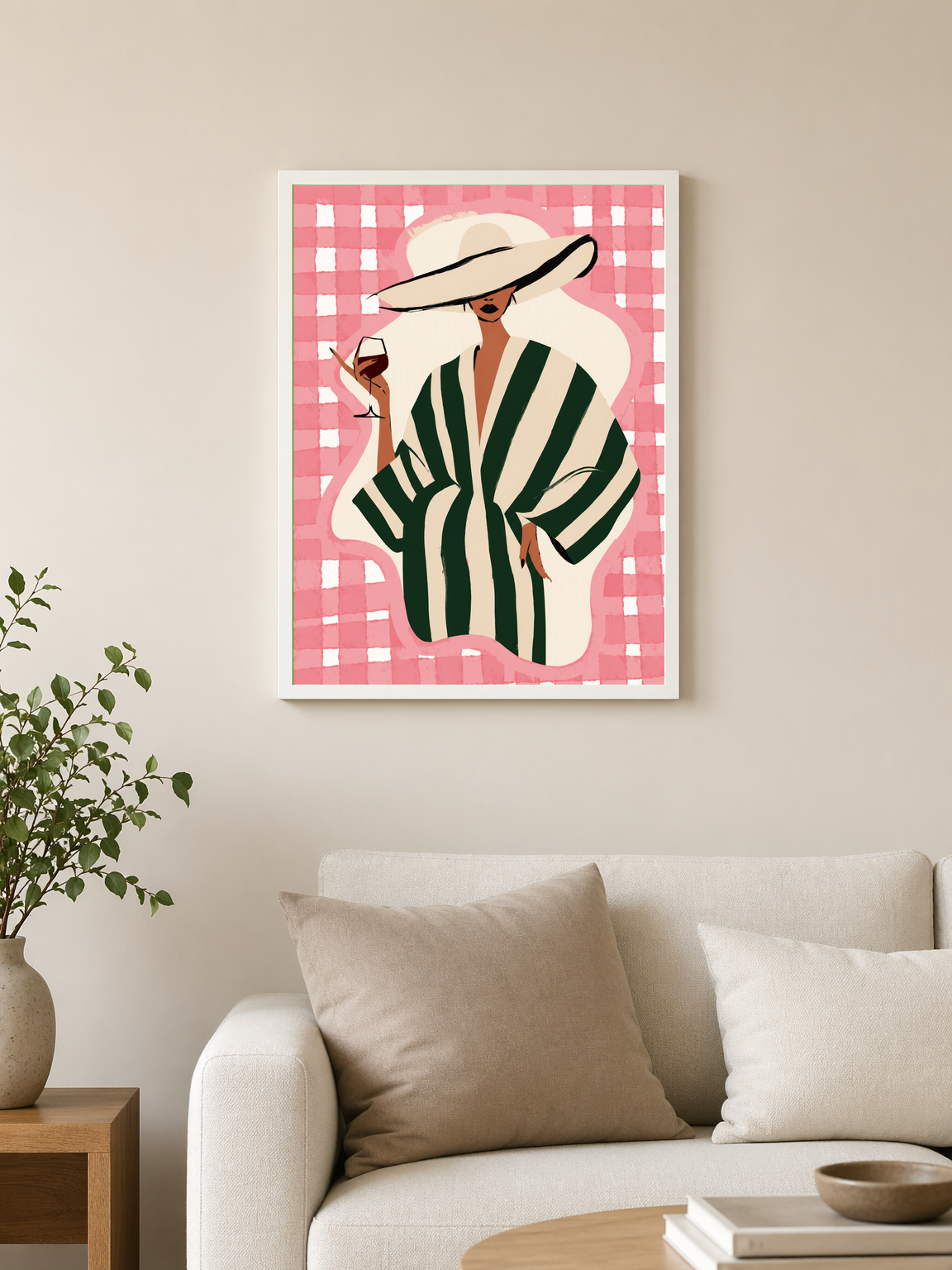 Chic Woman in Stripes Wall Art Print - white framed