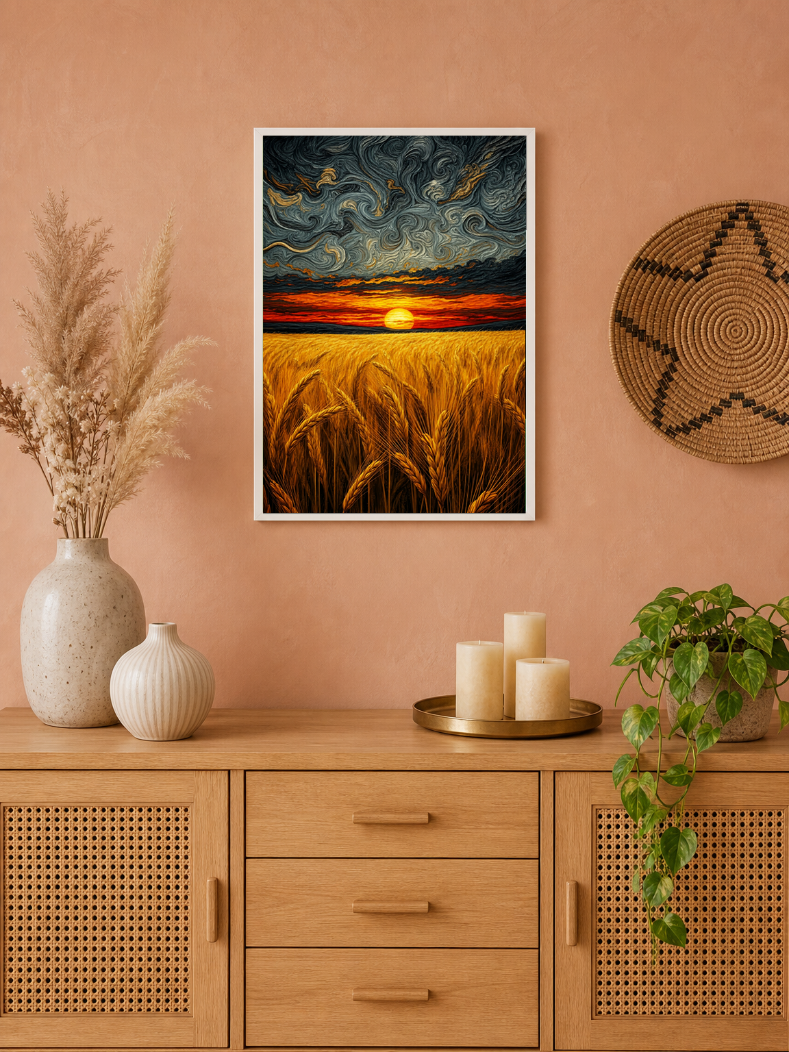 Swirling Sunset Wheat Field Wall Art Print - white framed