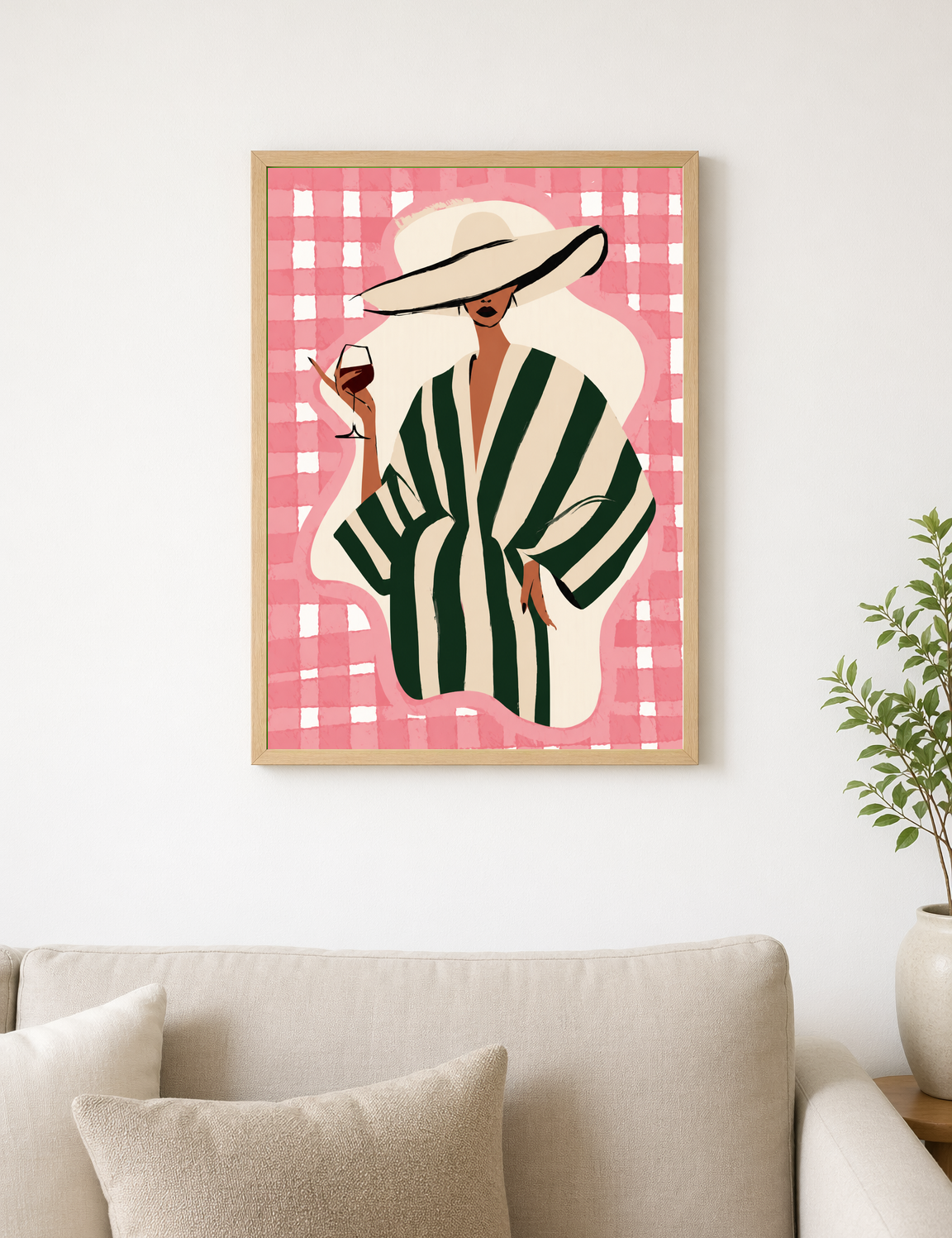 Chic Woman in Stripes Wall Art Print - wood framed poster