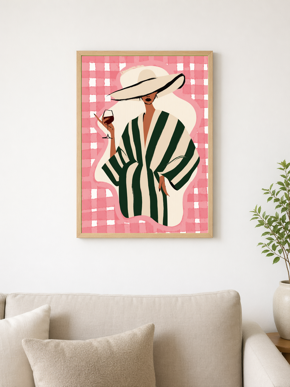 Chic Woman in Stripes Wall Art Print - wood framed poster