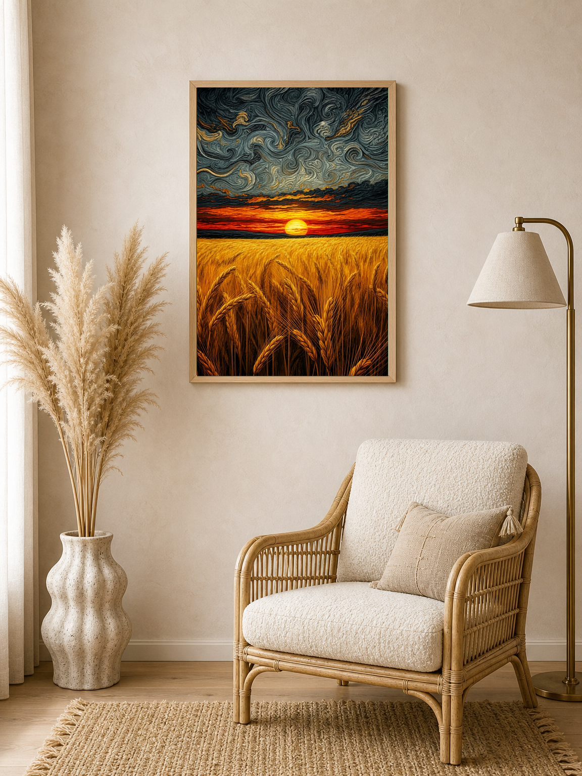 Swirling Sunset Wheat Field Wall Art Print - wood framed poster