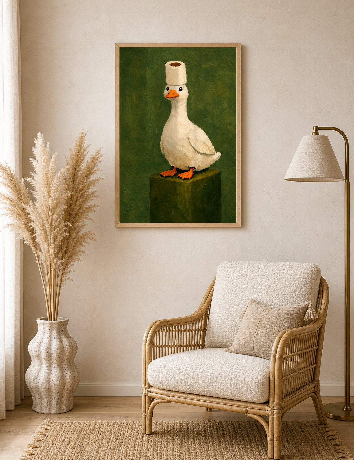 Whimsical Duck With Toilet Paper Hat Wall Art Print - wood framed poster