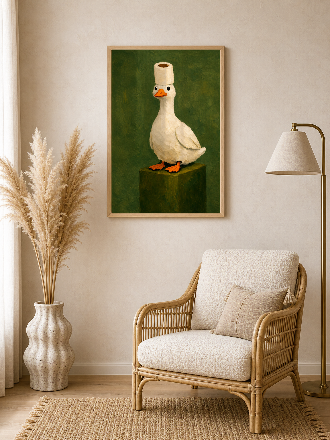 Whimsical Duck With Toilet Paper Hat Wall Art Print - wood framed poster