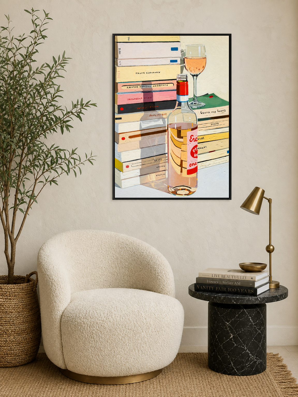 Rosé Wine & Books Still Life Wall Art Print - black framed