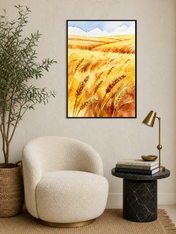 Golden Wheat Field Watercolor Wall Art Print - black framed