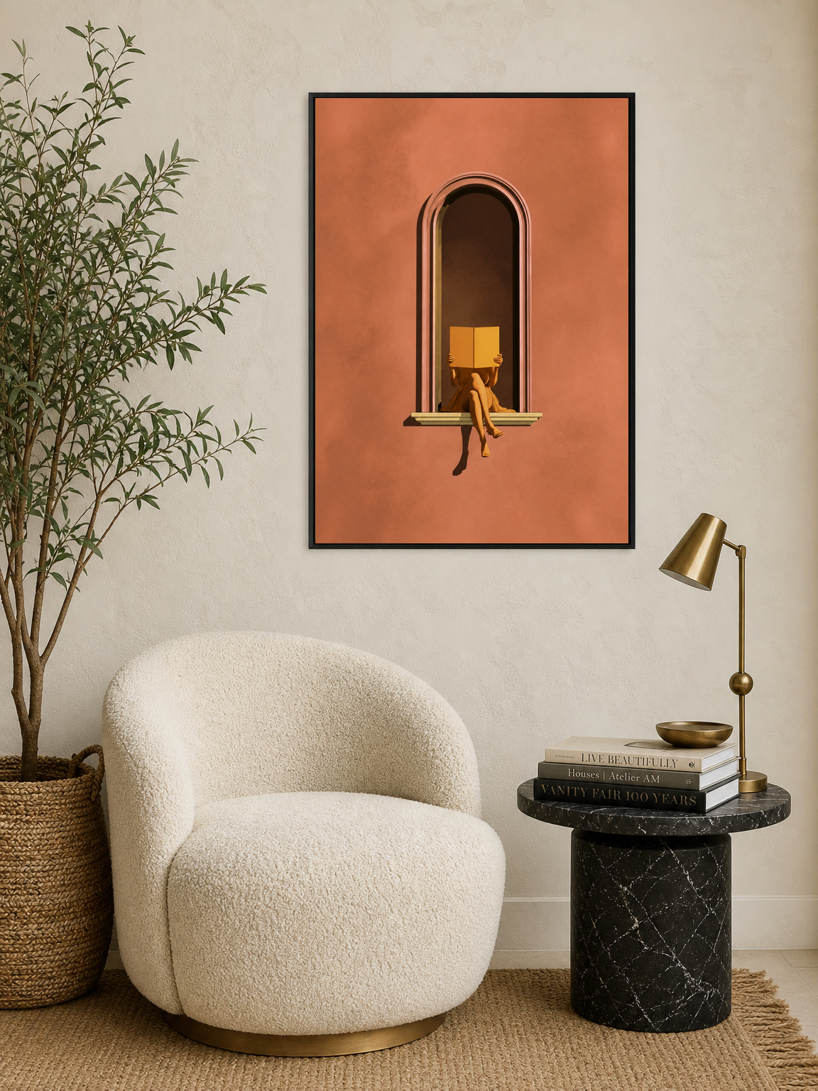 Minimalist Woman Reading Window Wall Art Print - black framed