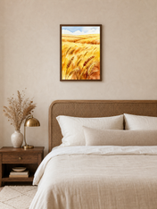 Golden Wheat Field Watercolor Wall Art Print - dark wood framed