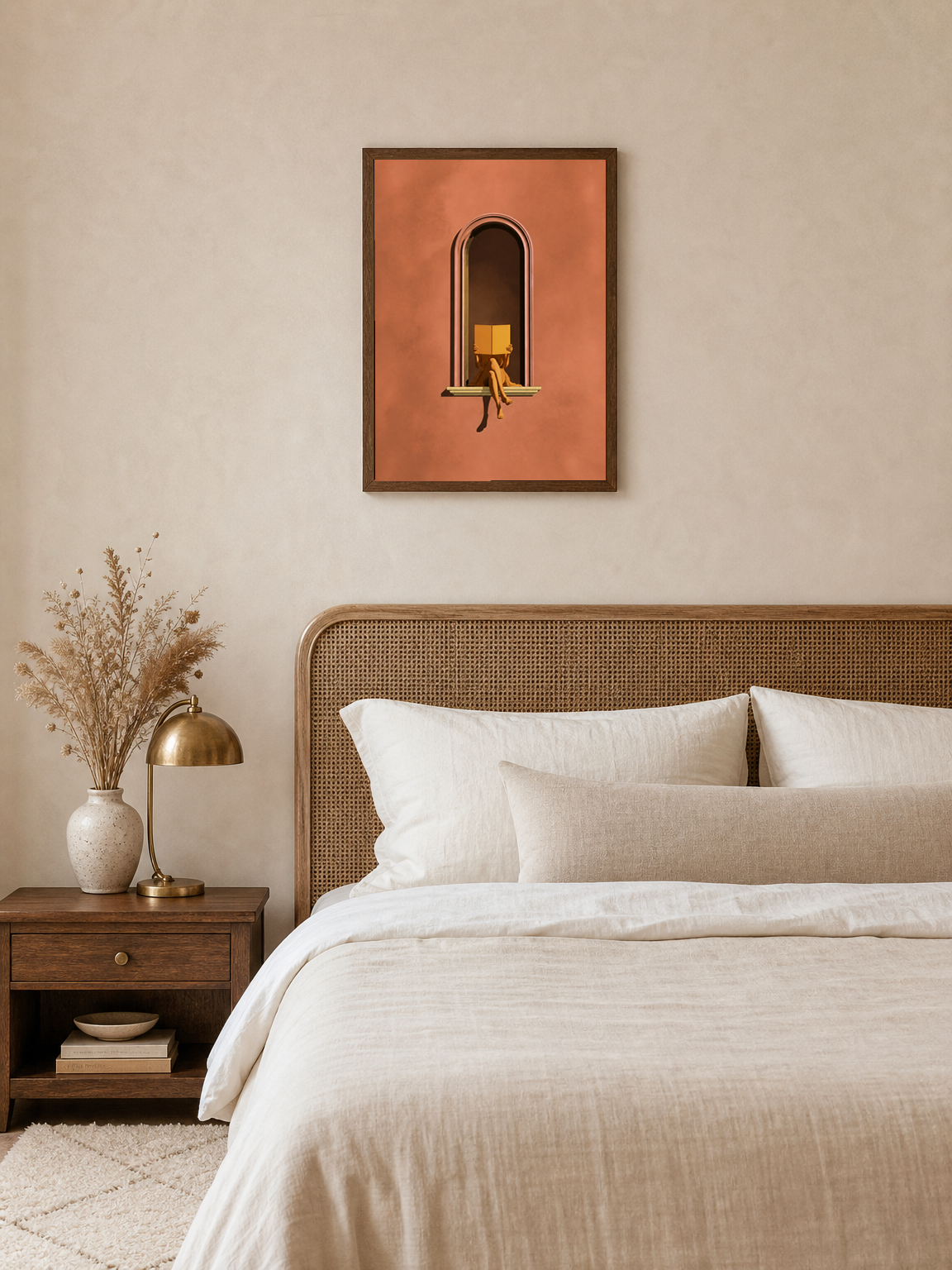 Minimalist Woman Reading Window Wall Art Print - dark wood framed