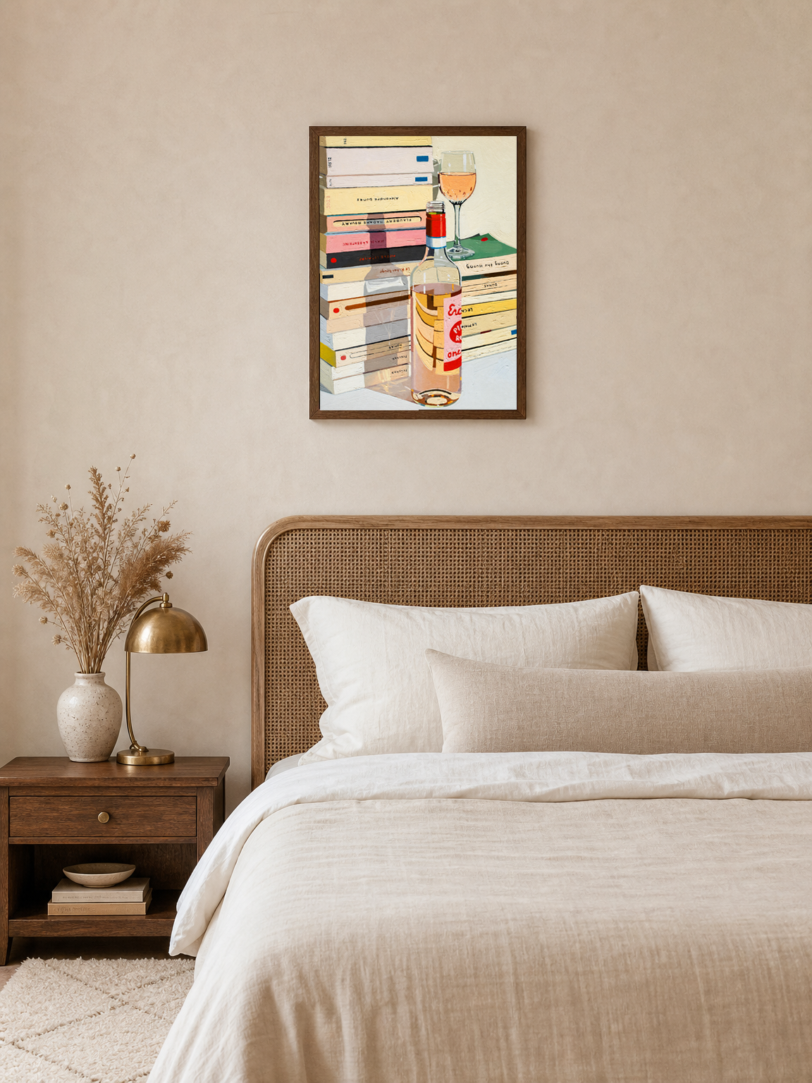 Rosé Wine & Books Still Life Wall Art Print - dark wood framed