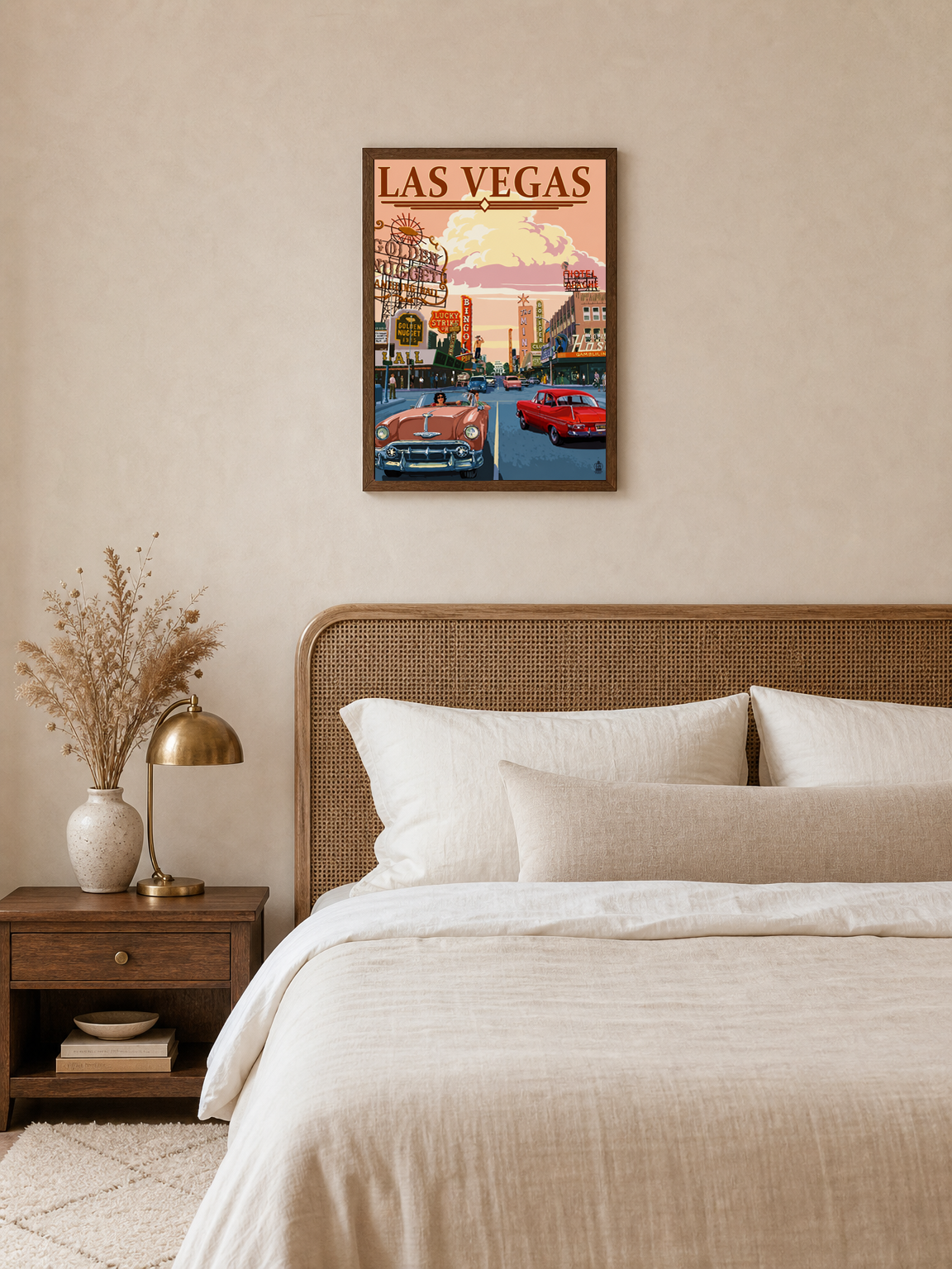 Las Vegas Vintage Cars Wall Art Print - dark wood framed