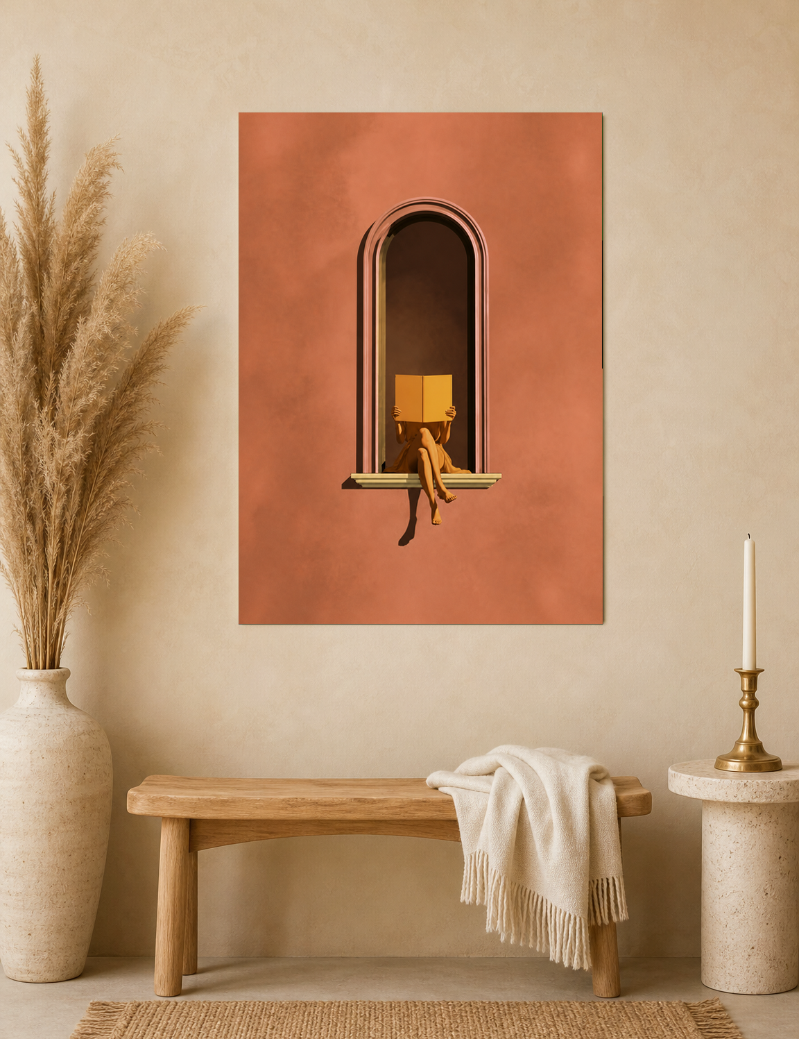Minimalist Woman Reading Window Wall Art Print - unframed mockup