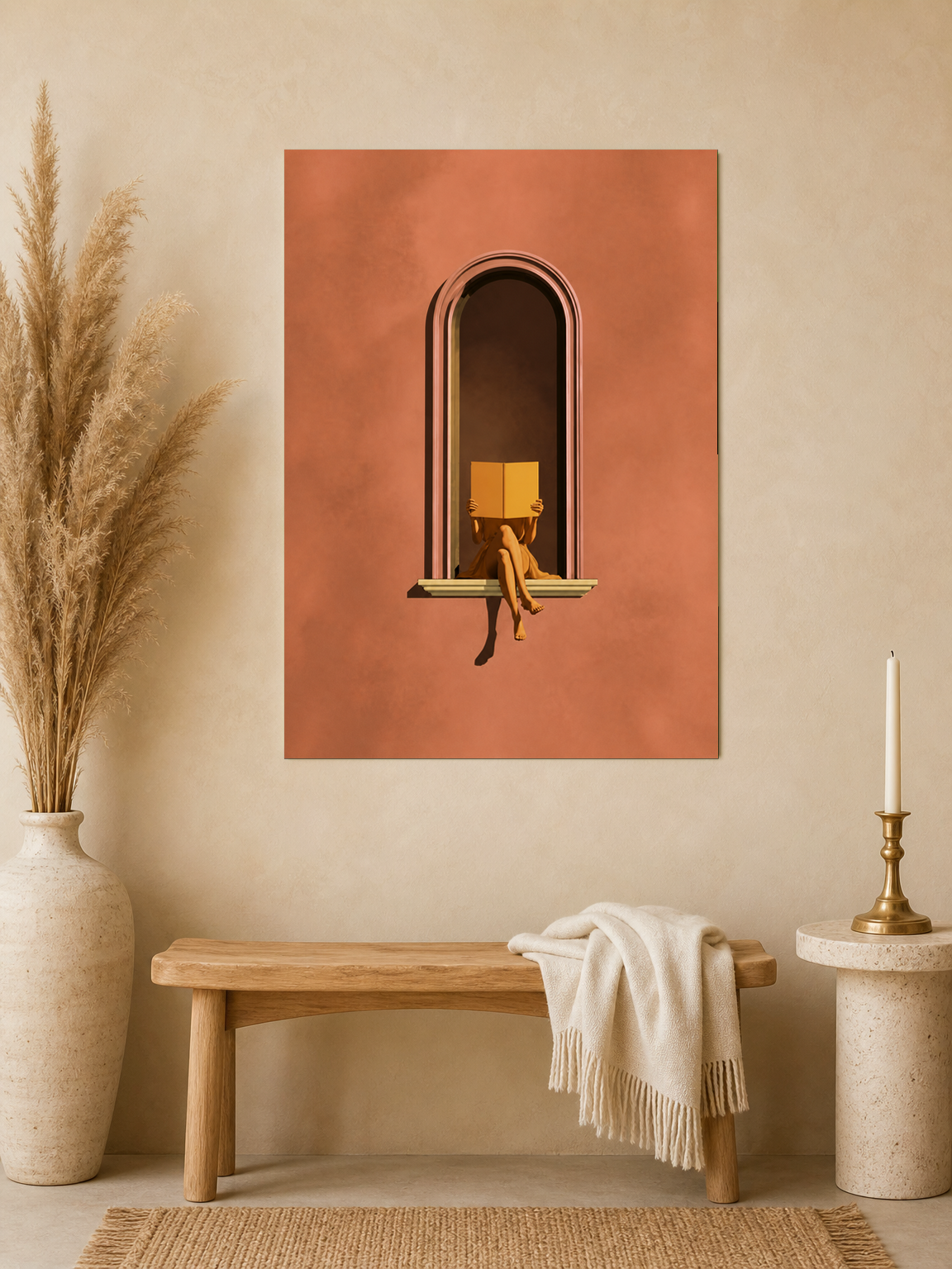 Minimalist Woman Reading Window Wall Art Print - unframed mockup