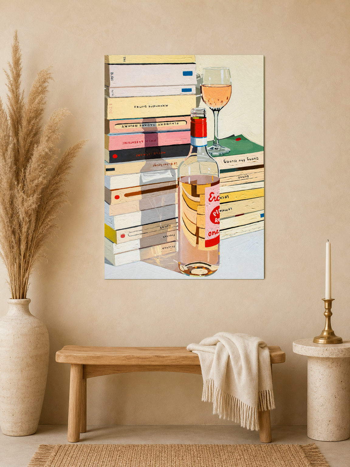Rosé Wine & Books Still Life Wall Art Print - unframed mockup