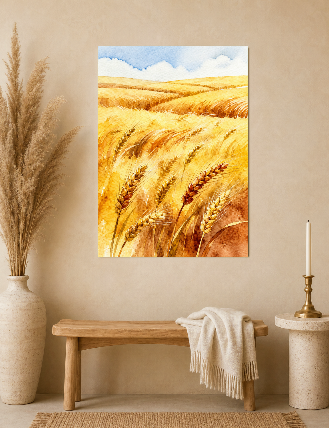 Golden Wheat Field Watercolor Wall Art Print - unframed mockup