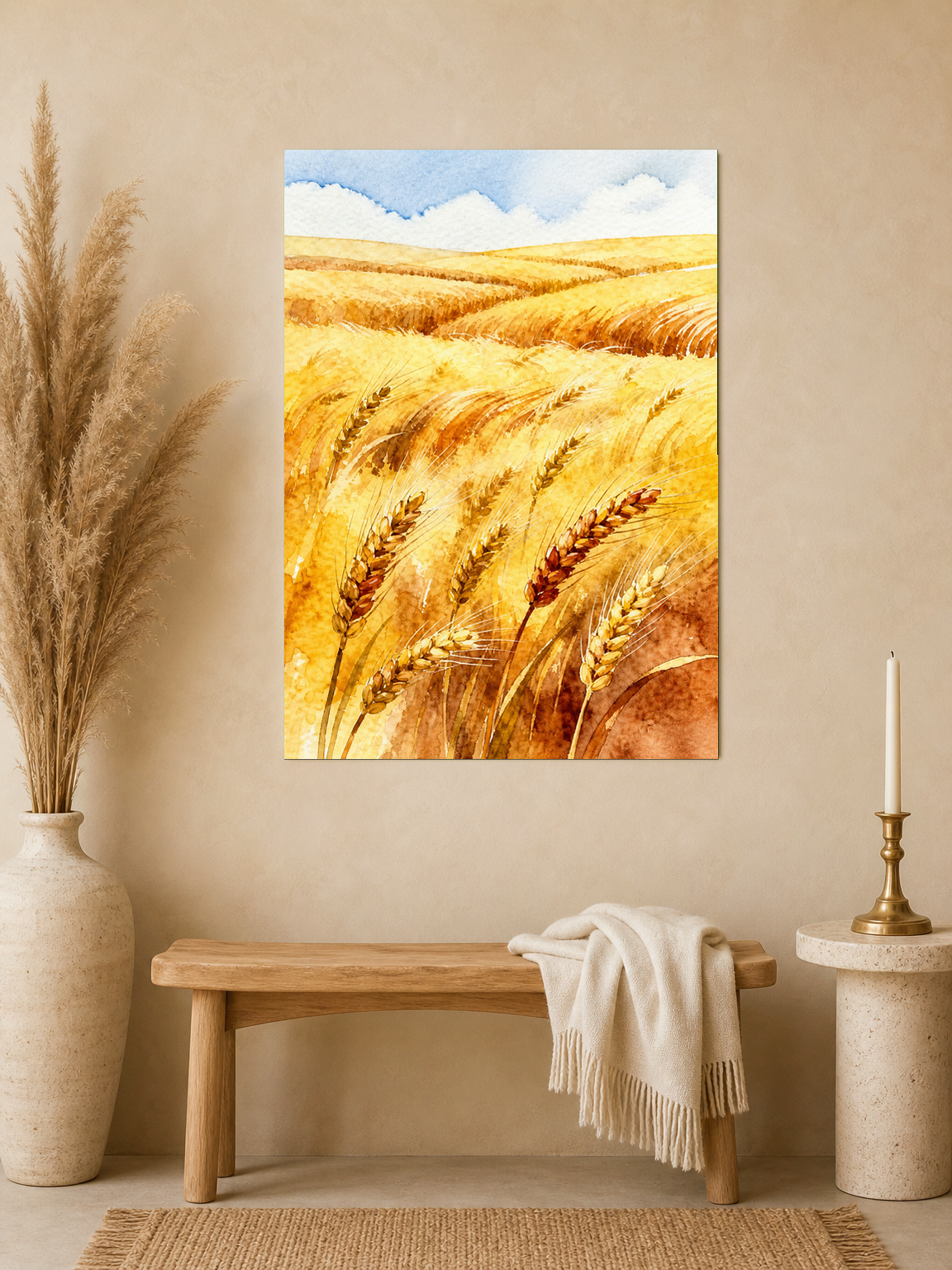 Golden Wheat Field Watercolor Wall Art Print - unframed mockup