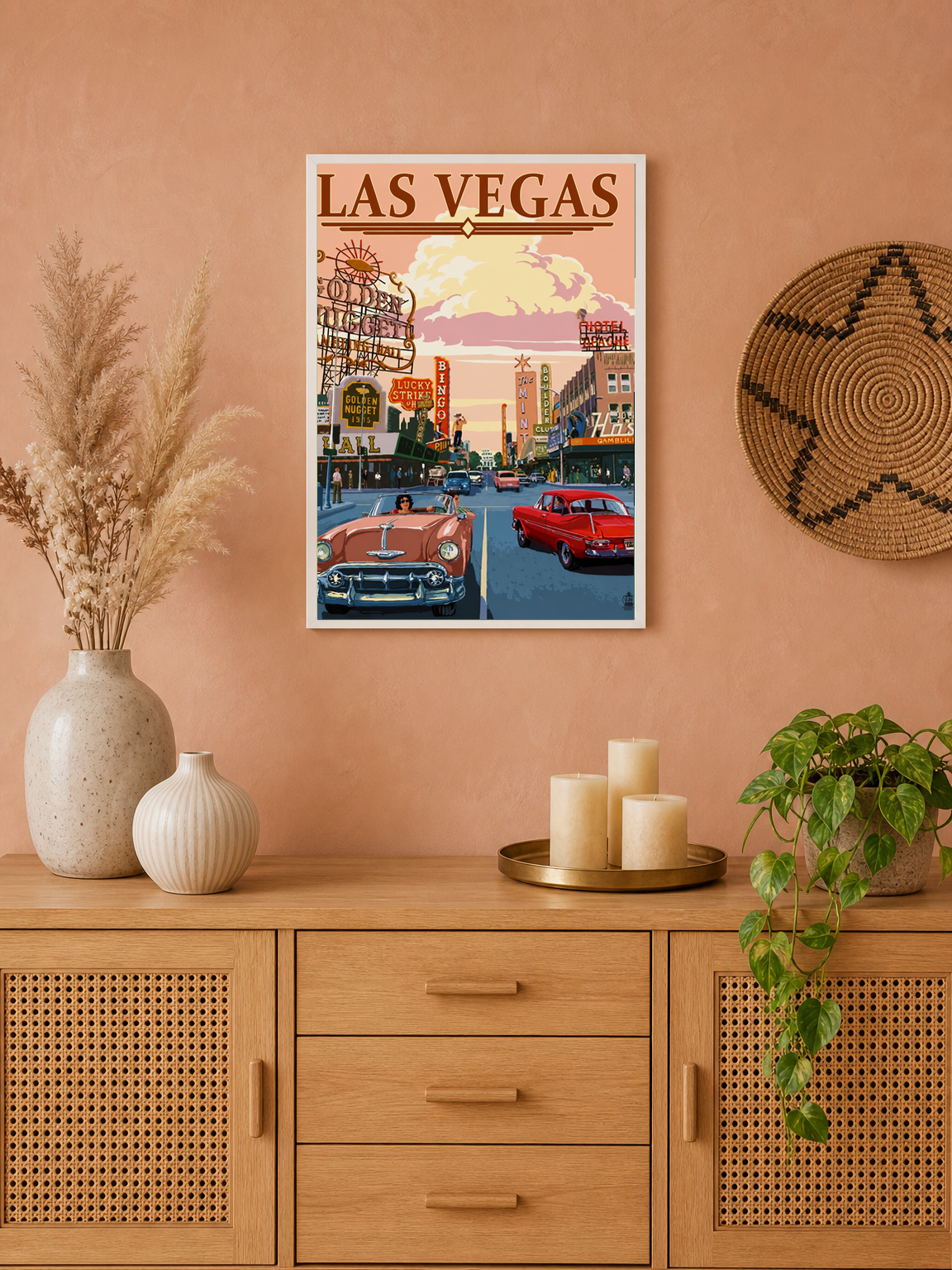 Las Vegas Vintage Cars Wall Art Print - white framed