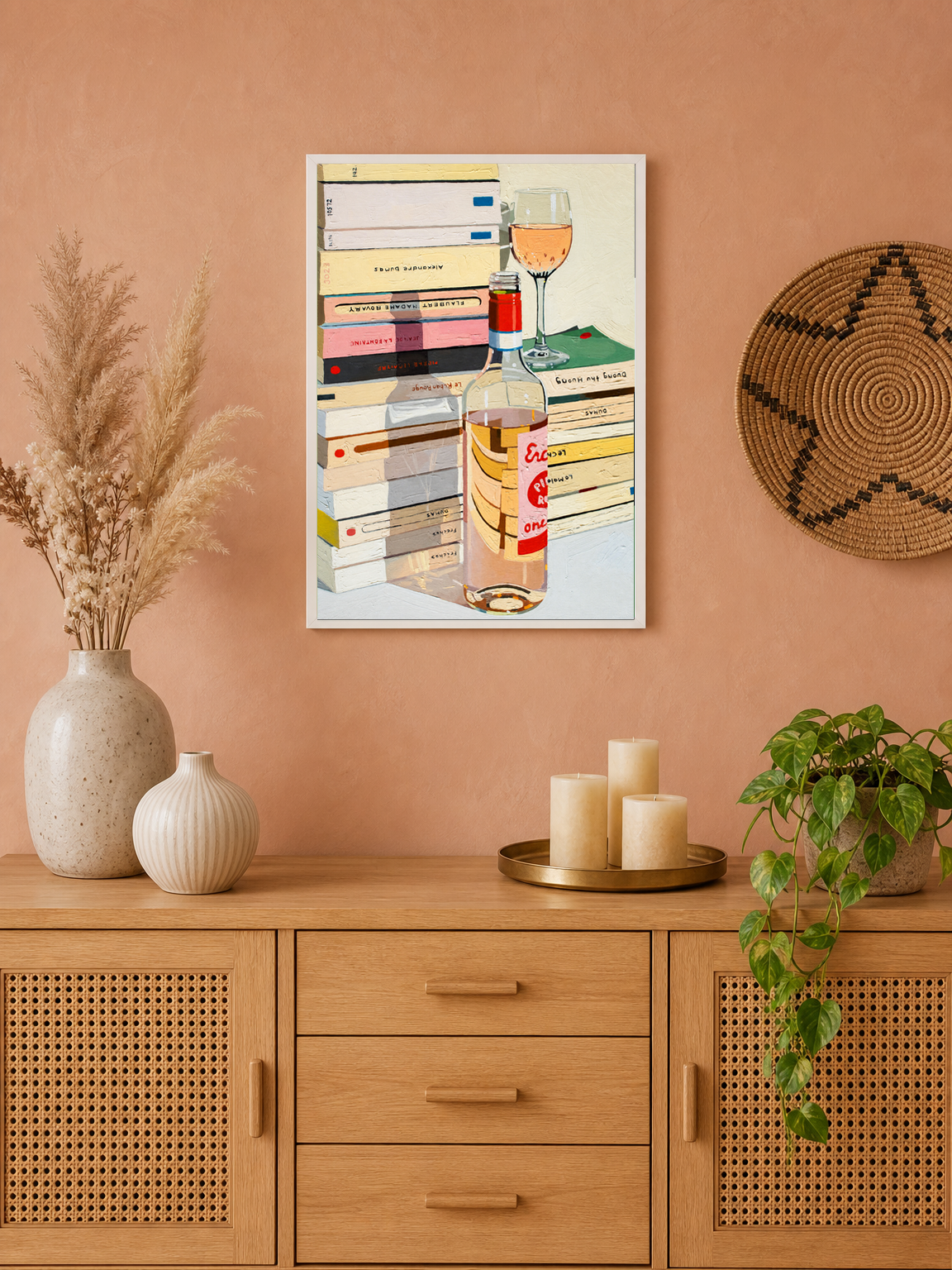Rosé Wine & Books Still Life Wall Art Print - white framed