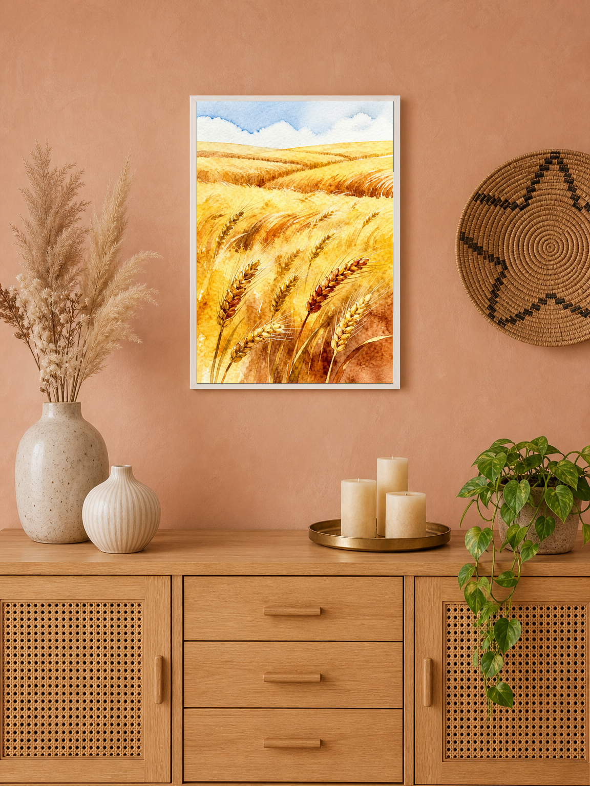 Golden Wheat Field Watercolor Wall Art Print - white framed