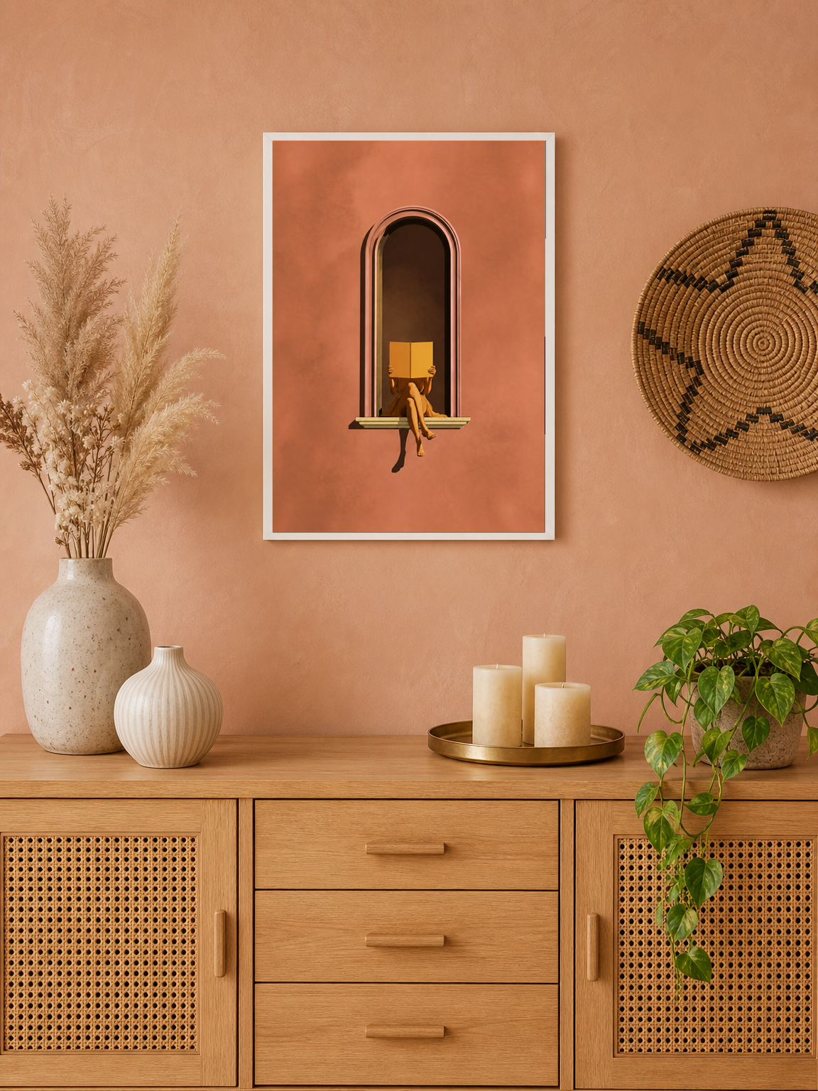 Minimalist Woman Reading Window Wall Art Print - white framed