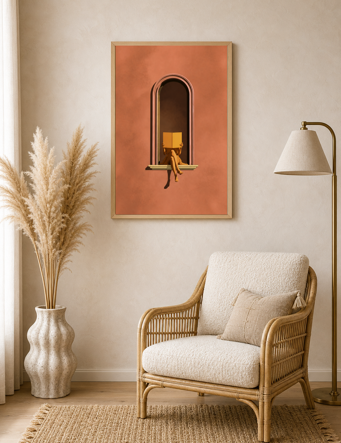 Minimalist Woman Reading Window Wall Art Print - wood framed poster