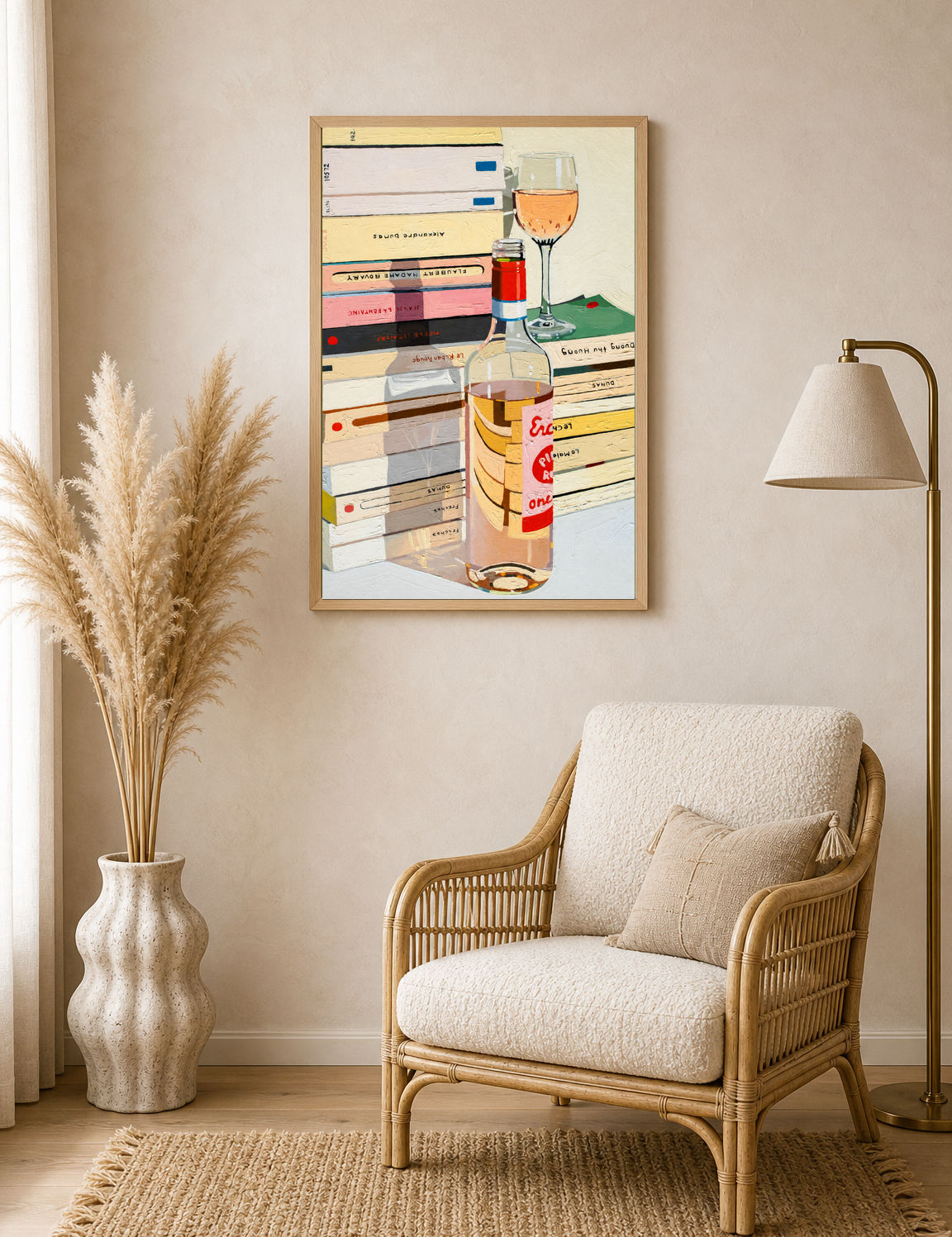 Rosé Wine & Books Still Life Wall Art Print - wood framed poster