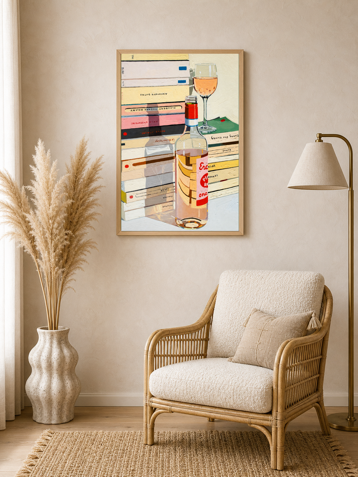 Rosé Wine & Books Still Life Wall Art Print - wood framed poster