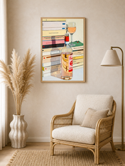Rosé Wine & Books Still Life Wall Art Print - wood framed poster