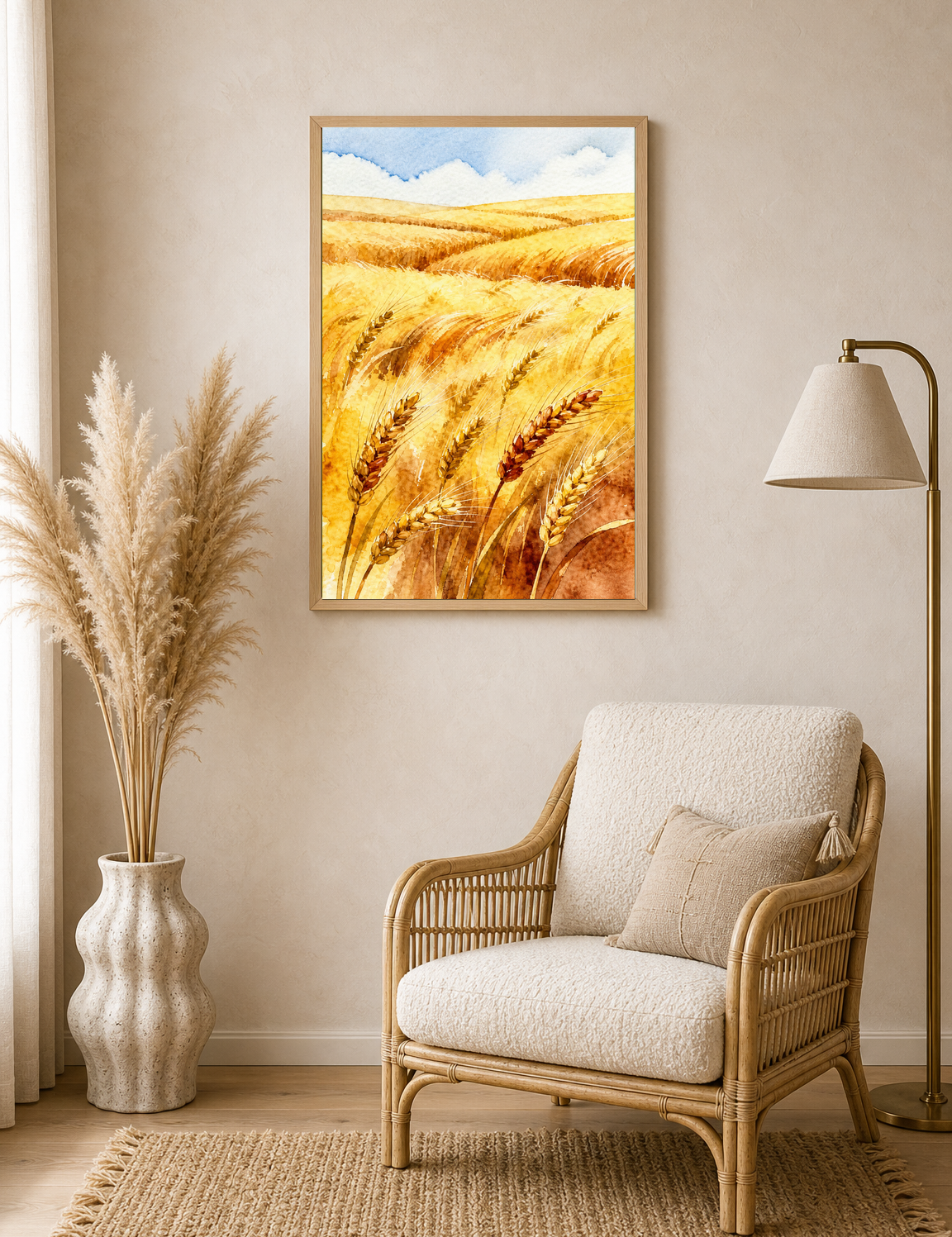 Golden Wheat Field Watercolor Wall Art Print - wood framed poster