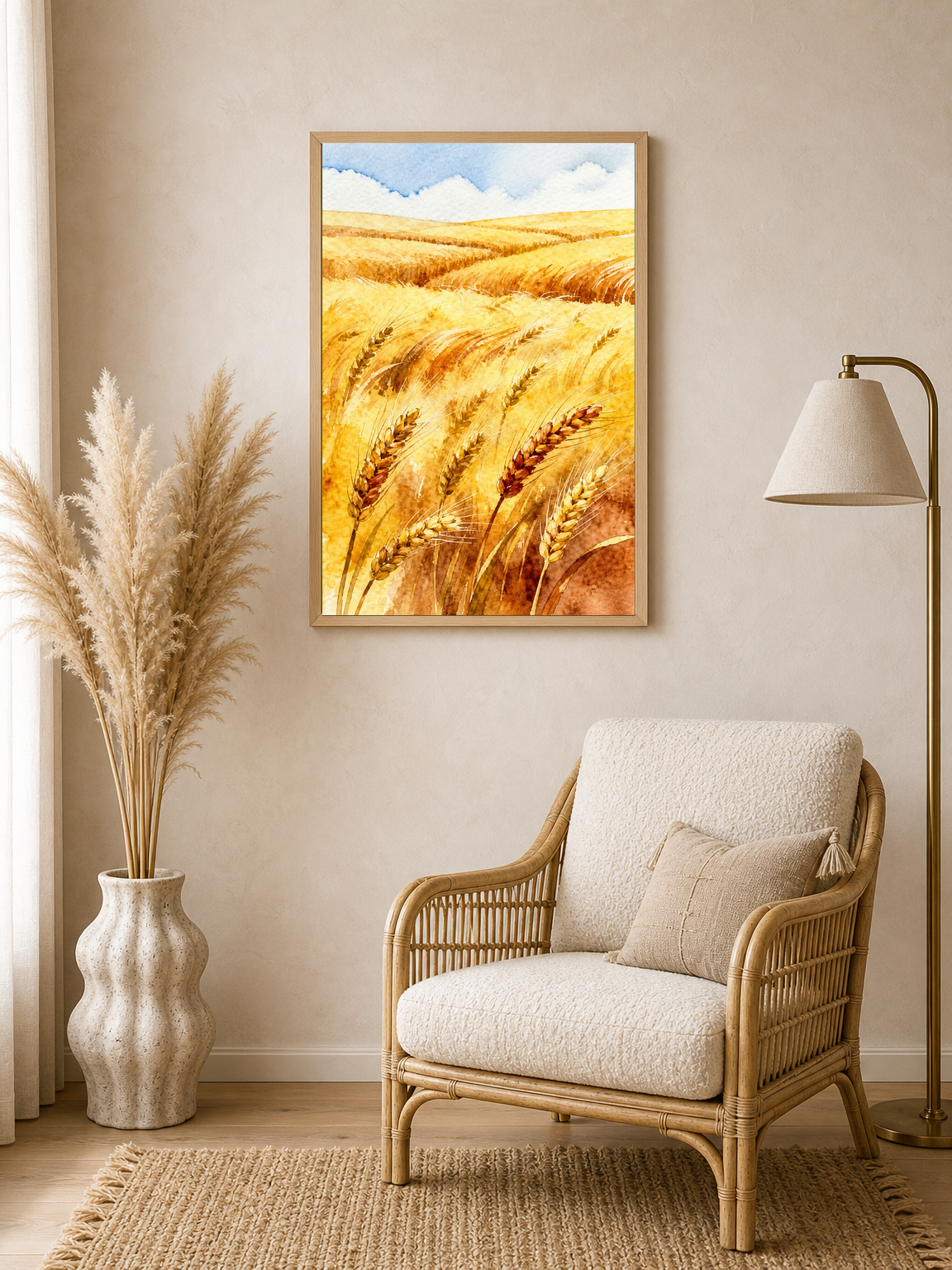 Golden Wheat Field Watercolor Wall Art Print - wood framed poster