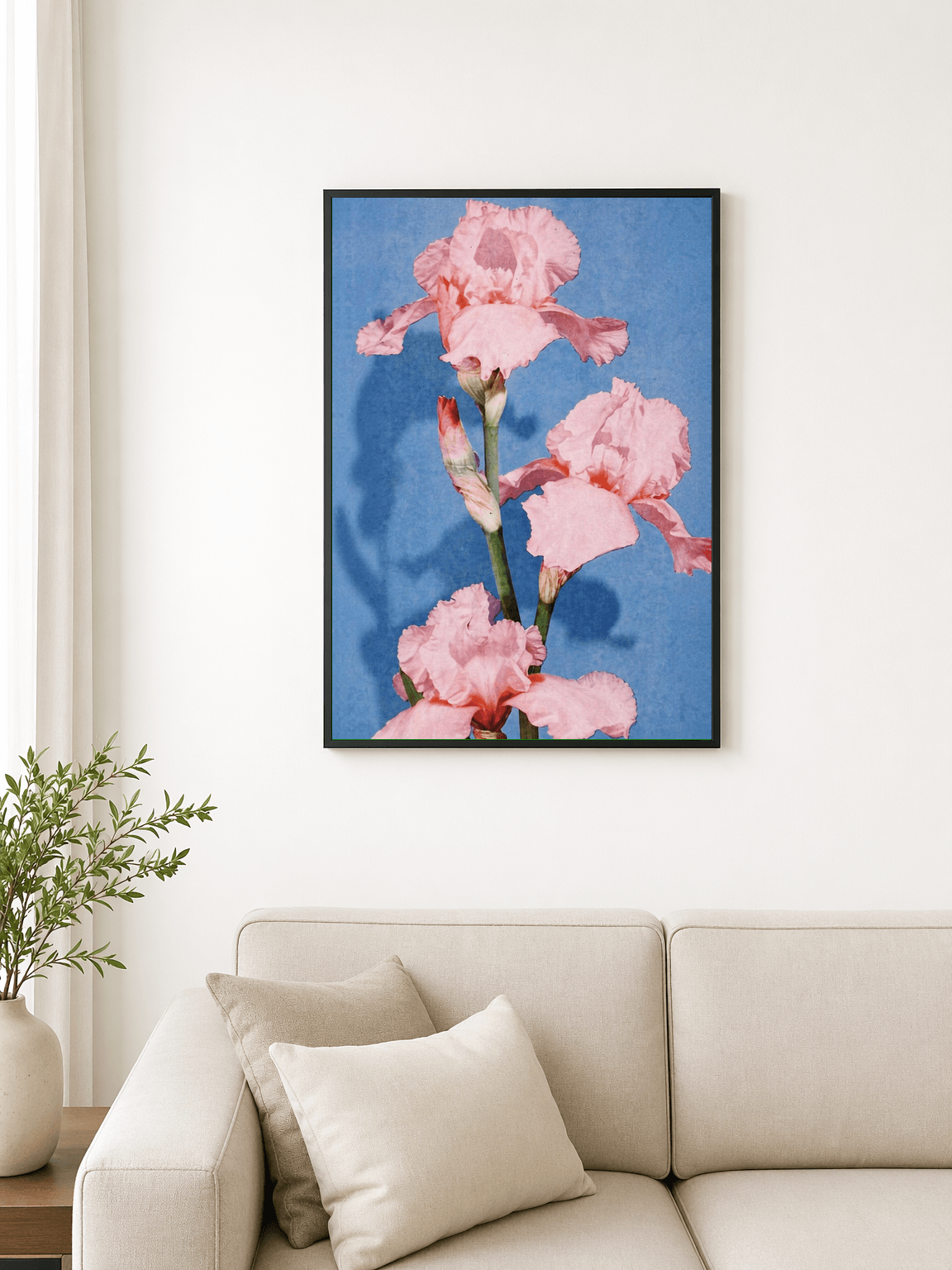 Pink Iris Flower Wall Art Print on Blue Background - black framed