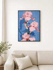 Pink Iris Flower Wall Art Print on Blue Background - black framed